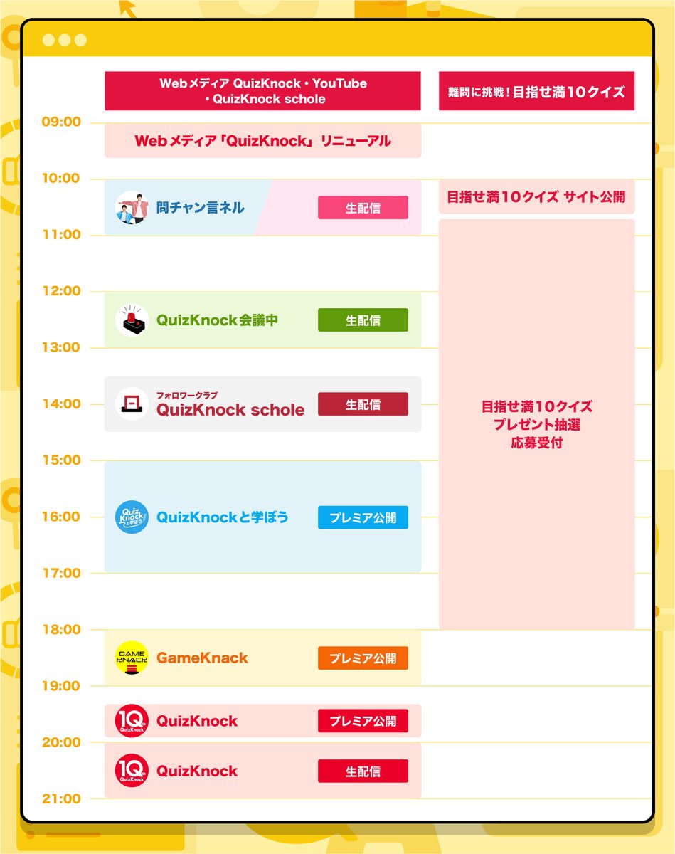 qk_10th's tweet photo. ＼10月2日は #QuizKnock の日！㊗️／

「朝から晩までQuizKnock！12時間スペシャル」、各チャンネルの企画内容を公開！

先ほど各チャンネルで待機所も公開されました！
記念すべき10周年を迎える当日は、ぜひQuizKnockと一緒に1日中過ごしましょう✨
#QuizKnock10周年プロジェクト

▼詳細
https://t.co/NTtYZC2JrX