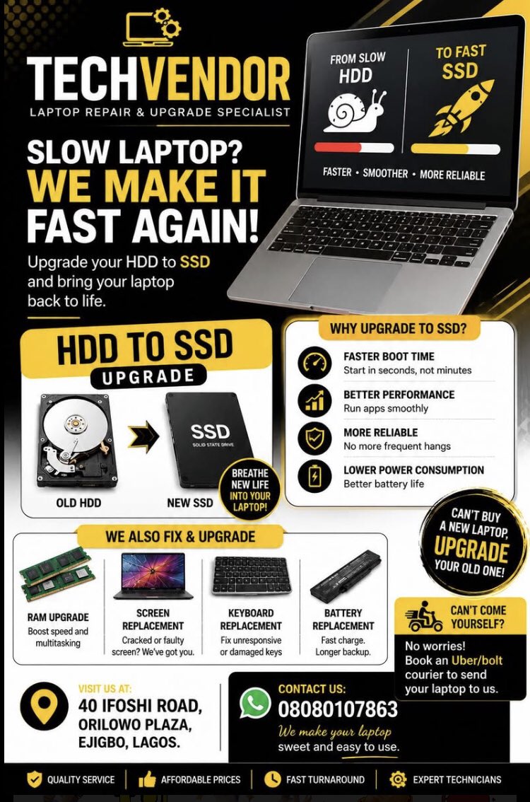 hspdailydiary's tweet photo. @AribisalaSeyi Techvendor is your laptop and gadget plug.
Let’s upgrade your RAM.
Let’s change that slow HDD to a super fast SSD.
Let’s change that broken screen for you.
Let’s change that keyboard with another that has all buttons working. https://t.co/7HMalDIfRT