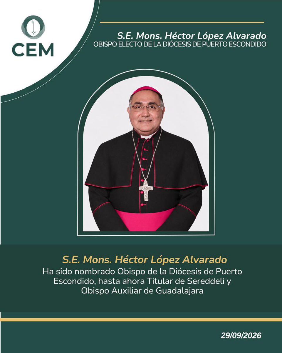 IglesiaMexico's tweet photo. La Nunciatura Apostólica comunica a través de la Secretaría General de la Conferencia del Episcopado Mexicano, que Su Santidad @Pontifex_es ha aceptado la renuncia al gobierno pastoral de la Diócesis de Puerto Escondido presentada por S.E. Mons. Florencio Armando COLÍN CRUZ. 
Al mismo tiempo, le sucede S.E. Mons. Héctor LÓPEZ ALVARADO, hasta ahora Titular de Sereddeli y Obispo Auxiliar de Guadalajara. 
Agradecemos el ministerio episcopal que ha desempeñado generosamente Mons. Florencio Armando Colín Cruz, y encomendamos el ministerio episcopal de Mons. Héctor López Alvarado.