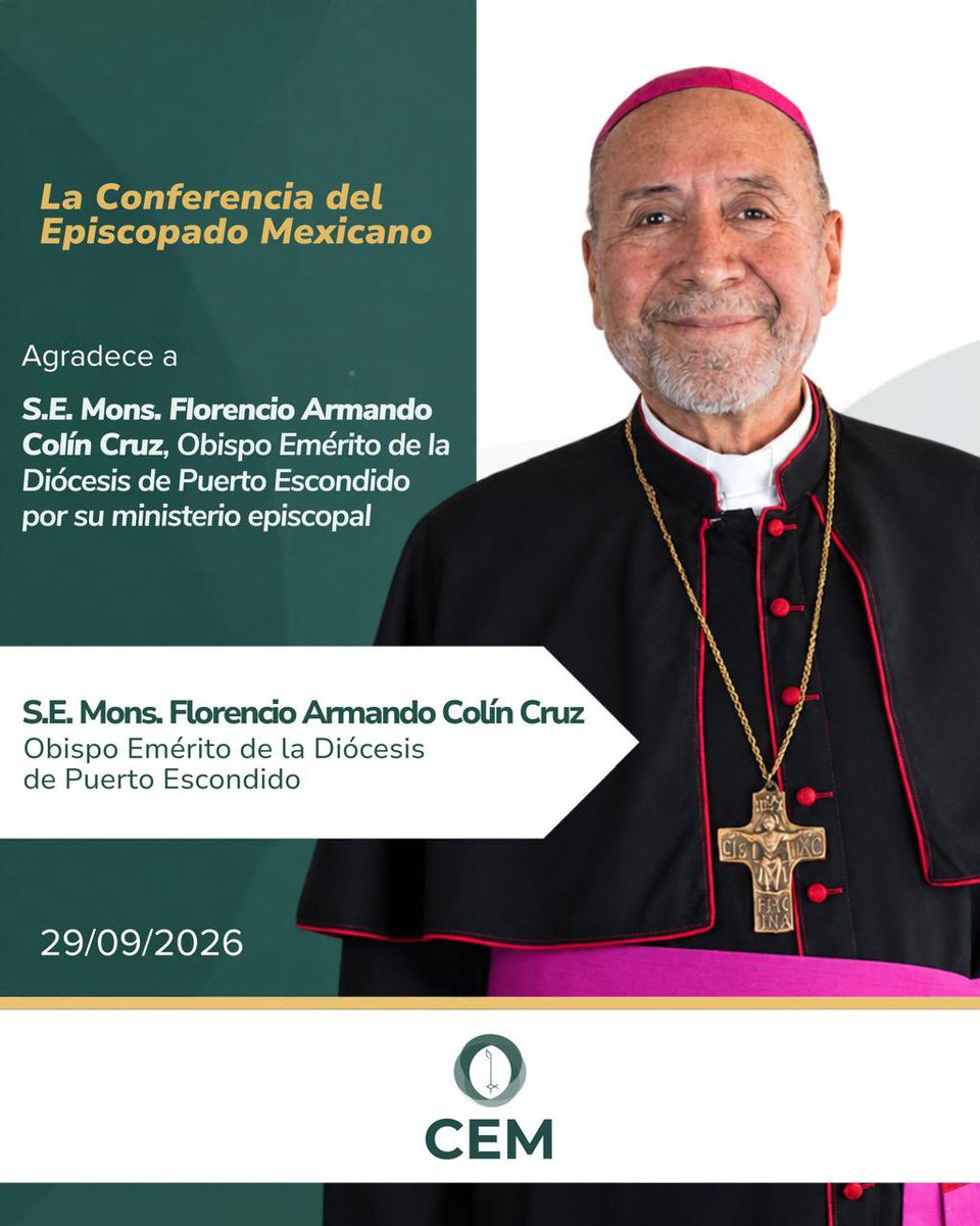 IglesiaMexico's tweet photo. La Nunciatura Apostólica comunica a través de la Secretaría General de la Conferencia del Episcopado Mexicano, que Su Santidad @Pontifex_es ha aceptado la renuncia al gobierno pastoral de la Diócesis de Puerto Escondido presentada por S.E. Mons. Florencio Armando COLÍN CRUZ. 
Al mismo tiempo, le sucede S.E. Mons. Héctor LÓPEZ ALVARADO, hasta ahora Titular de Sereddeli y Obispo Auxiliar de Guadalajara. 
Agradecemos el ministerio episcopal que ha desempeñado generosamente Mons. Florencio Armando Colín Cruz, y encomendamos el ministerio episcopal de Mons. Héctor López Alvarado.