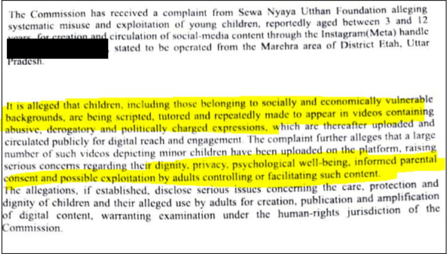 mujifren's tweet photo. Big X Community Impact

NHRC has taken cognizance of the Child Abuse and grooming happening in this home tuition centre

They have directed SSP Etah to file FIR under Juvenile Justice and relevant section of BNS against the home tutor Pratibha and her associates

All the children used in the videos will be identified and counseled by professional therapists

It is shocking that in initial investigation it was found youngest children being tutored to abuse PM was only 3 years old

Meta (Instagram) has also been served a notice to answer how this Child exploitation ring was running on their platform

For now the account has disappeared but we have archived everything

Thanks to everyone who supported us, and special thanks to Swati Goel Sharma Ma'am @swati_gs for taking this forward and Priyank Kanoongo Sir @KanoongoPriyank  for prompt action