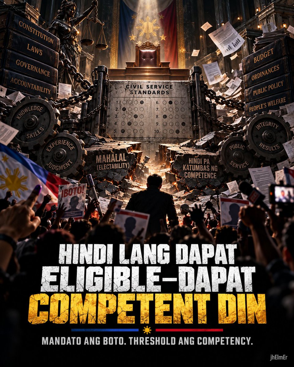 ZurcaledRemlej's tweet photo. HINDI LANG DAPAT ELIGIBLE—DAPAT COMPETENT DIN.

Sa maraming regulated professions, may exam para patunayan ang minimum competence. Bakit wala itong katumbas na threshold sa elective public office?

MANDATO ANG BOTO. THRESHOLD ANG COMPETENCY.

#RealTalk #CivilService #Competency https://t.co/s7F0eTgfQo