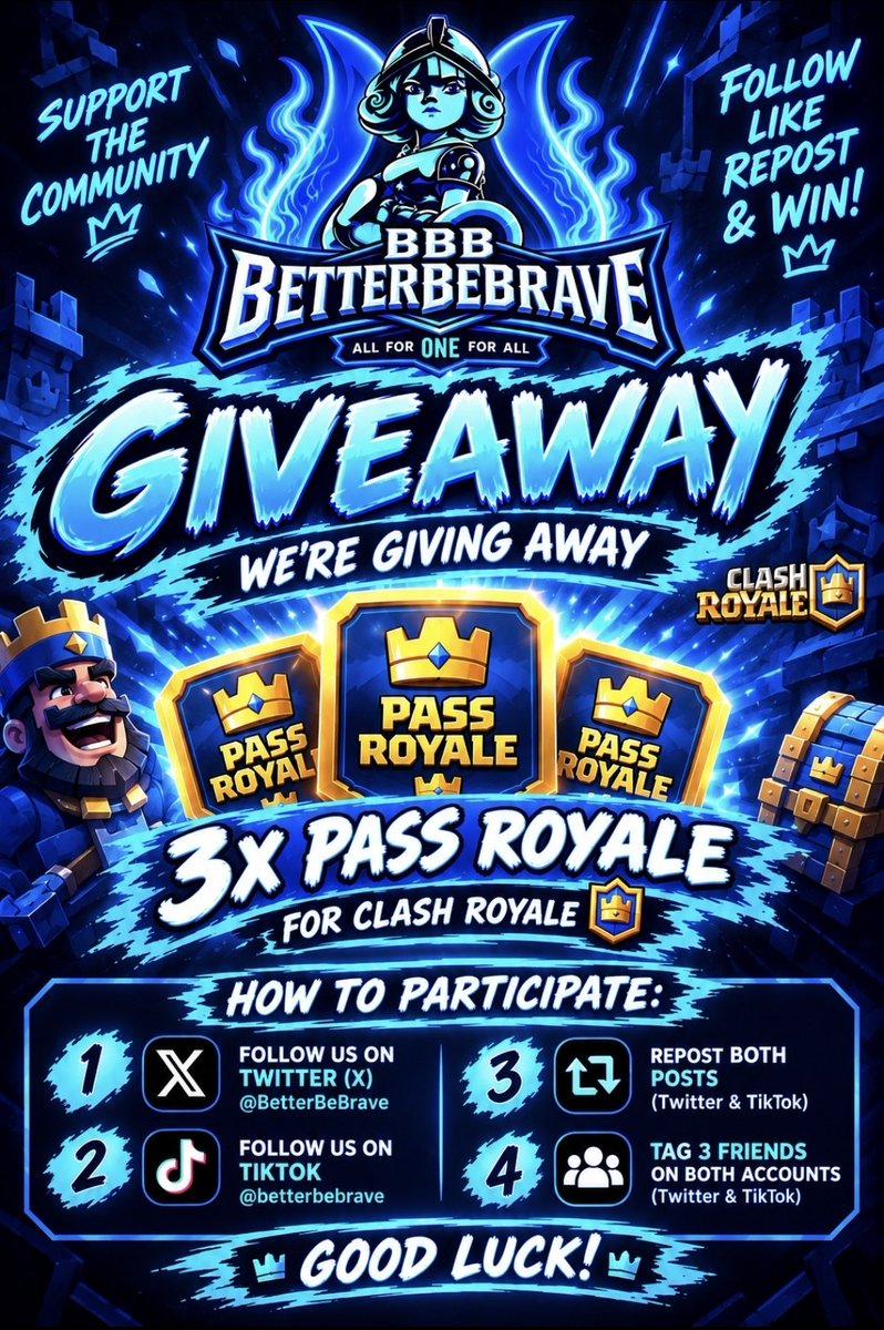 Better_Be_Brave's tweet photo. 🎉 GIVEAWAY! 🎉
We’re giving away 3x Pass Royale for Clash Royale! 👑
To enter:
 1️⃣ Follow @BetterBeBrave on X &amp; TikTok 
2️⃣ Repost this post
3️⃣ Tag 3 friends
Good luck! 💙⚔️
#ClashRoyale #Giveaway #PassRoyale https://t.co/V9OiaKbIHE