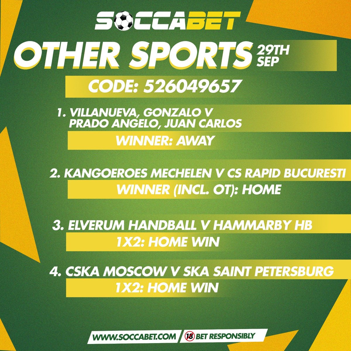 soccabet's tweet photo. Safe Favorites Thriller and Other Sports predictions are available now. Pick from these daily predictions and bet responsibly on the soccabet app. #betwithsoccabet #betresponsibly🔞 https://t.co/9IUNl3CLys