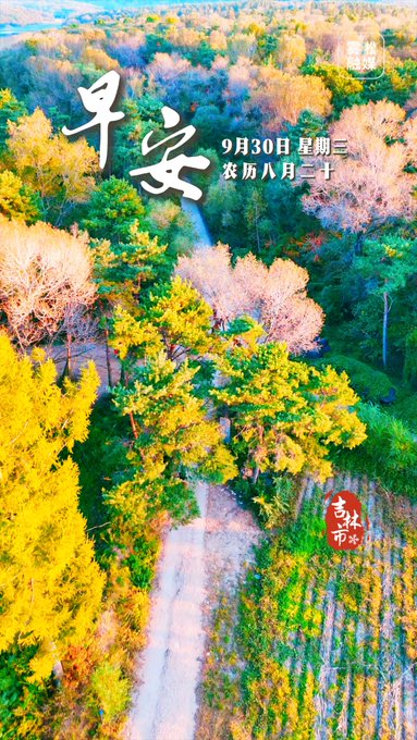 An aerial photograph of a vibrant forest landscape featuring yellow and green trees with a dirt path winding through, overlaid with Chinese text reading '早安' (Good morning) and the date '9月30日 星期三 农历八月二十' (September 30, Wednesday, 20th day of the 8th lunar month).