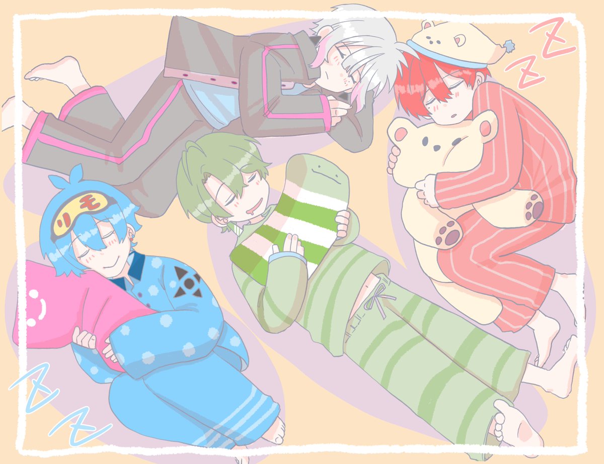 crowcry_cawcaw's tweet photo. 再掲「みんなでおやすみ🎨」
rmさんのリプ返信でした質問で好きなお洋服はパジャマって答えていただいたと思います☺️
その時に生まれた妄想イラスト💤
当時のイラストは色が薄過ぎたので見やすいようにちょっと濃くしました😅 https://t.co/8TmmltR5K4