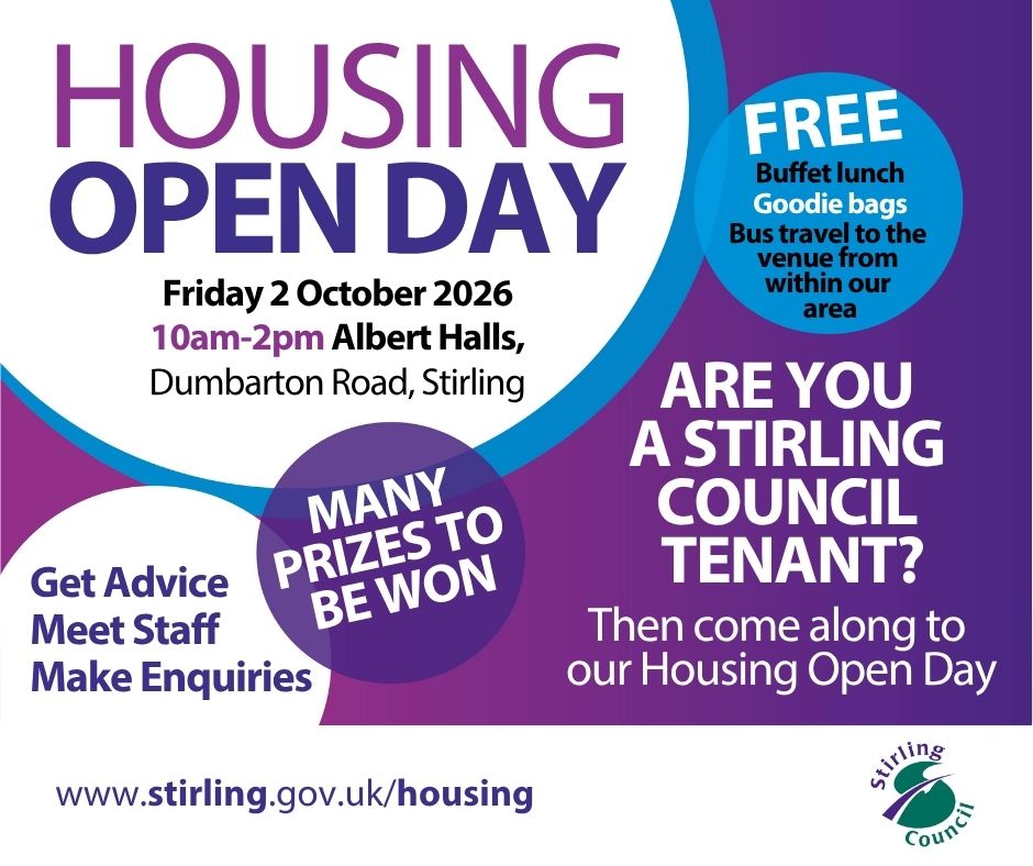 StirlingCouncil's tweet photo. 🏠 We're hosting our annual Housing Open Day for Stirling Council tenants on Friday, 2 October (10am - 2pm).

Why not come along and meet staff from our teams, including repairs, benefits, income maximisation and housing options?

Bus travel to and from The Albert Halls, Stirling is available (bring along your bus ticket to get travel costs refunded) and a buffet lunch will also be served. 

We look forward to seeing you there. 👋