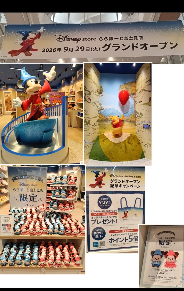 disney_tdr_plan's tweet photo. 本日オープン #ディズニーストア  ららぽーと富士見店
弟子くん ミッキー スタチュー お出迎え
お着替えルーム プーさん フォトスポット
富士山 モチーフ うるぽちゃちゃん
ミニーちゃん うるぽちゃ ぬいぐるみ
グッズ 5000円以上購入 トートバッグ トート 貰える😊
#ディズニー
13時以降 予約なし入店 https://t.co/Kh9zcBJdy0