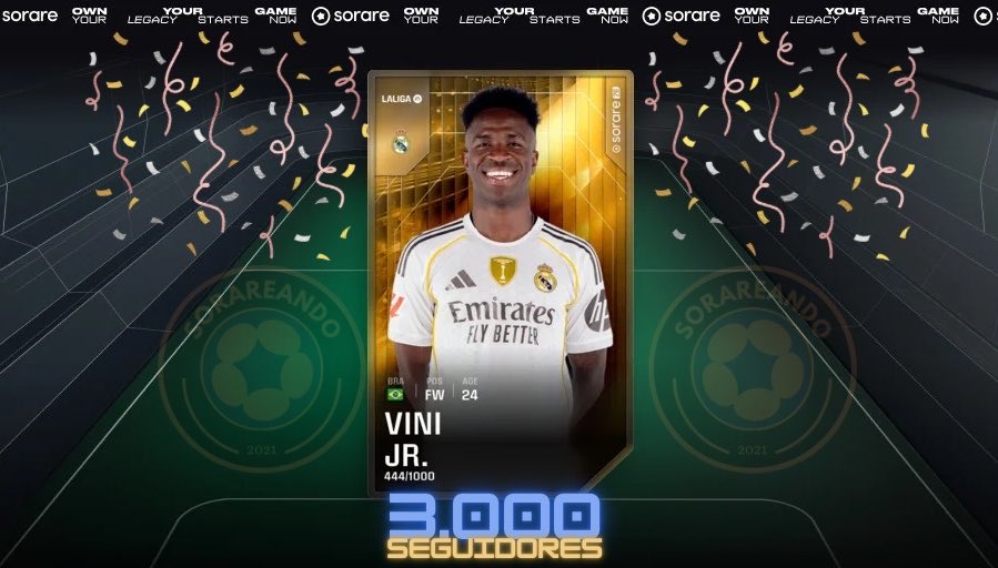 sorareando's tweet photo. 🎁 SORTEO por los 3.000 seguidores 🍾 #Sorare 🤗 Gracias a la mejor Comunidad de Sorare en @X 

🟨 Vinicius Jr. 🇧🇷

➡️ Follow @sorareando
🔁 RT + ❤️

📅 Fecha límite el 2/10 #Giveaway @Sorare ⚽️ https://t.co/CYMUspoBlZ