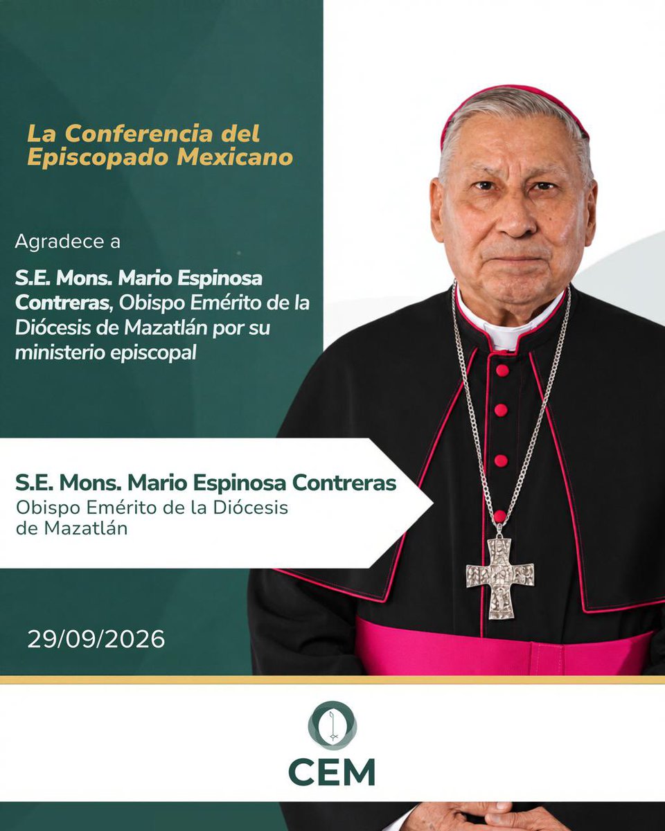 IglesiaMexico's tweet photo. La Nunciatura Apostólica comunica a través de la Secretaría General de la Conferencia del Episcopado Mexicano, que Su Santidad @Pontifex_es ha aceptado la renuncia al gobierno pastoral de la Diócesis de Mazatlán presentada por S.E. Mons. Mario ESPINOSA CONTRERAS. 
Al mismo tiempo, le sucede S.E. Mons. Ramón SALAZAR ESTRADA, hasta ahora Titular de Bisarcio y Obispo Auxiliar de la Arquidiócesis de Guadalajara. 
Agradecemos el ministerio episcopal que ha desempeñado generosamente S.E. Mons. Mario Espinosa Contreras, y encomendamos el ministerio episcopal de S.E. Mons. Ramón Salazar Estrada.