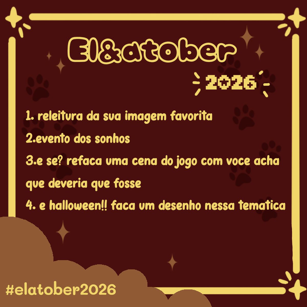 mareia_cosmica8's tweet photo. Oi bbs terá um El&amp;atober e esses são os temas, temos a versão semanal e a diária, vou ficar muito feliz se vcs participarem #elatober2026 https://t.co/22quNxM7WV