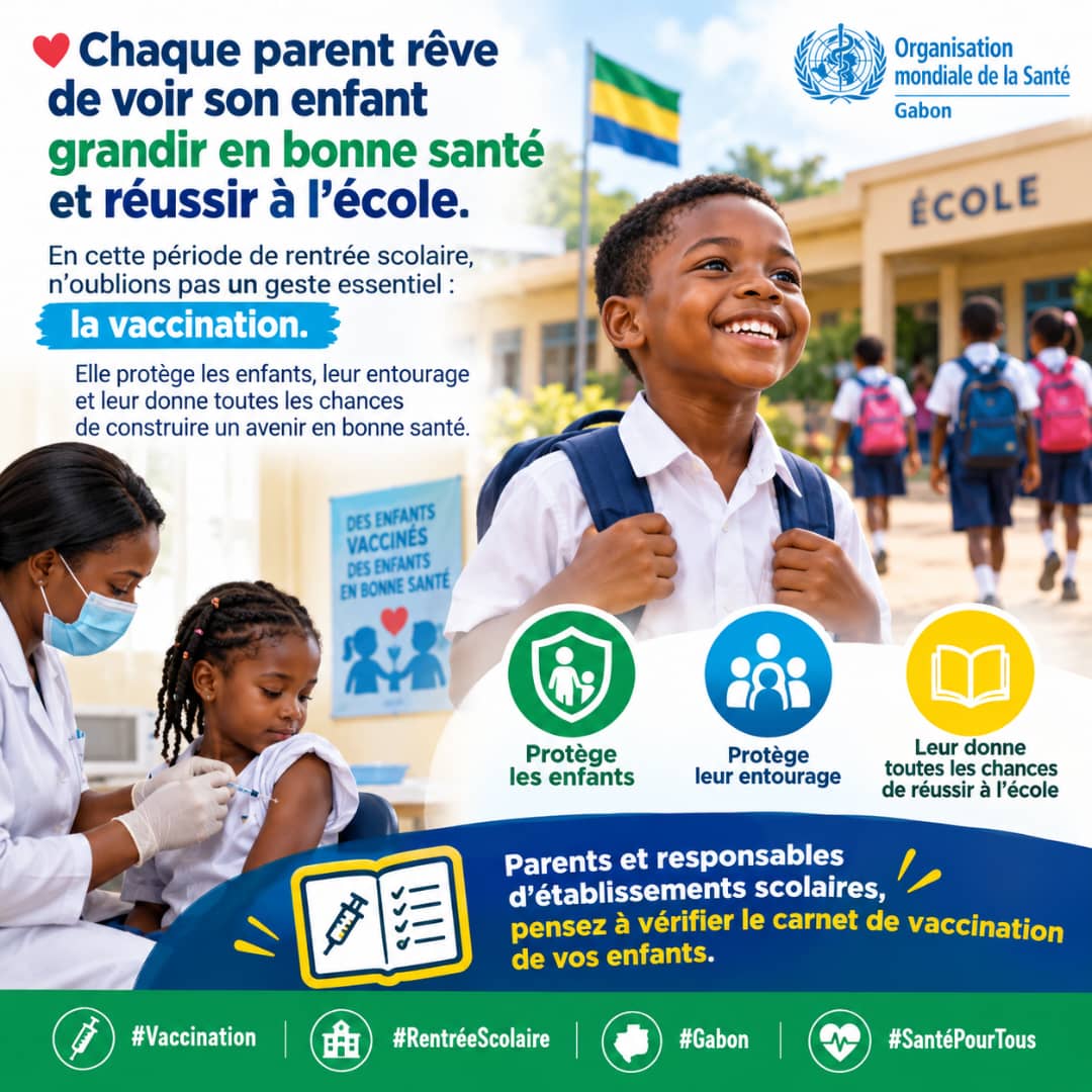 OMS_GABON's tweet photo. 📚 Un carnet de vaccination à jour, c’est plus de chances de grandir, apprendre et réussir. 💉 

Parents et responsables d’établissements scolaires, en cette rentrée, veillons à ce que chaque enfant dispose d’un carnet de vaccination à jour.
#RentréeScolaire #Gabon #Vaccination https://t.co/3qJT3HwLct