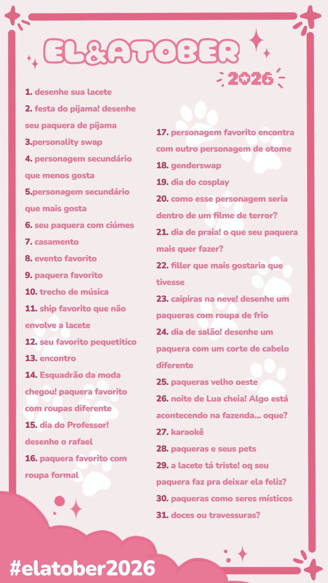 mareia_cosmica8's tweet photo. Oi bbs terá um El&amp;atober e esses são os temas, temos a versão semanal e a diária, vou ficar muito feliz se vcs participarem #elatober2026 https://t.co/22quNxM7WV