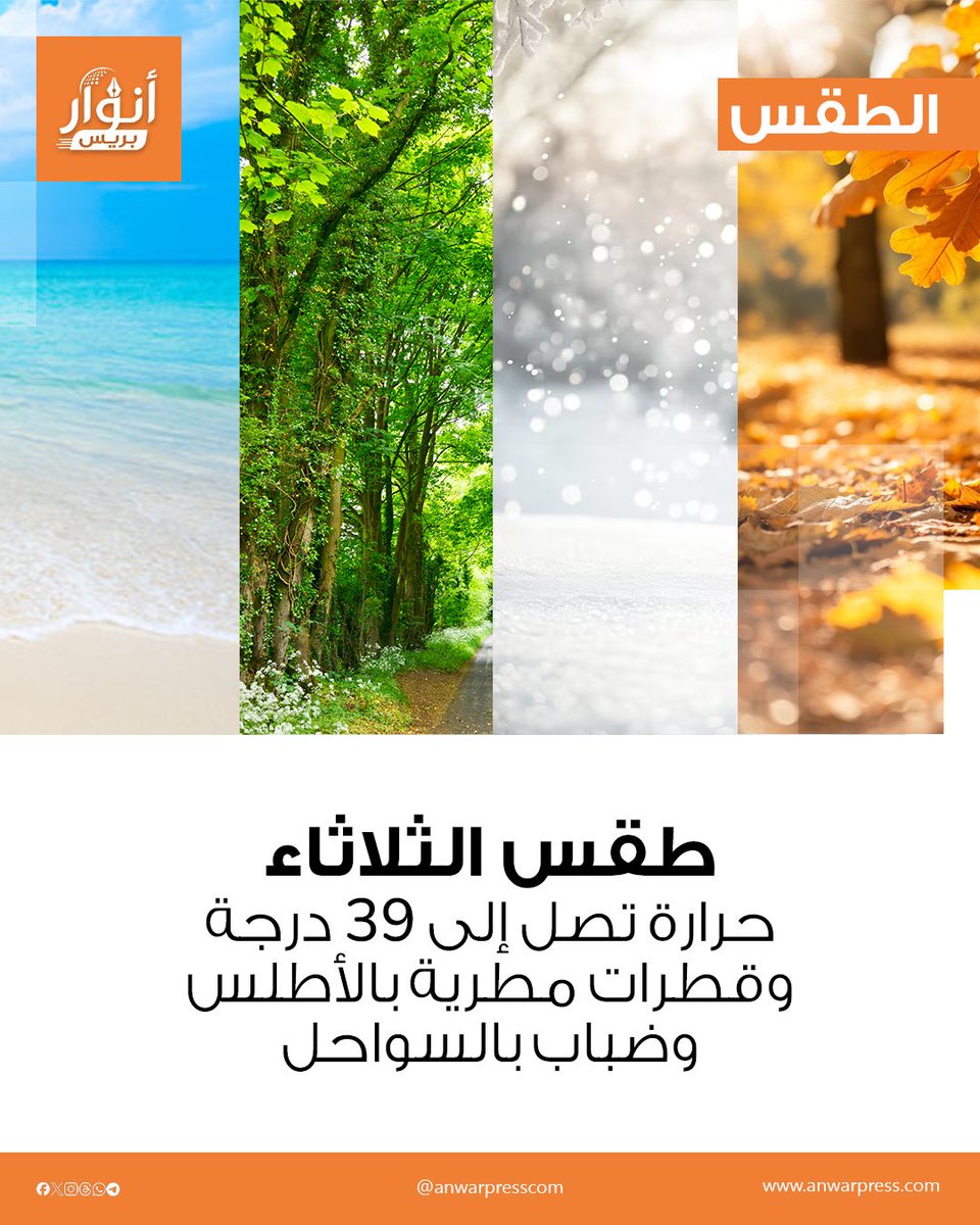 anwarpresscom's tweet photo. طقس الثلاثاء.. حرارة تصل إلى 39 درجة وقطرات مطرية بالأطلس وضباب بالسواحل
تتوقع المديرية العامة للأرصاد الجوية، بالنسبة لليوم الثلاثاء 29 شتنبر 2026، أن تتميز الحالة الجوية بتشكل سحب منخفضة فوق السواحل.
المزيد من التفاصيل أسفل التعليق 👇
#طقس_المغرب #طقس_الثلاثاء https://t.co/nC0pghJGd3