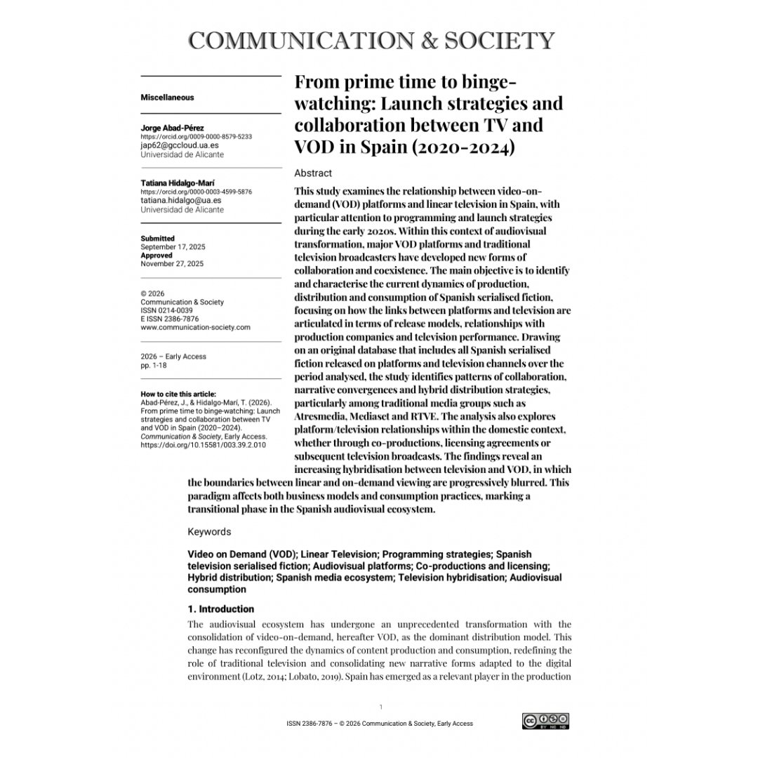 JournalCommSoc's tweet photo. 📄”From prime time to binge-watching: Launch strategies and collaboration between TV and VOD in Spain (2020-2024)” by Jorge Abad-Pérez and Tatiana Hidalgo-Marí.

🔍https://t.co/rX24ok4PSs

#OpenAccess #Communication #Academic #Streaming #MediaConsumption #Television #VOD https://t.co/keLicljmnG