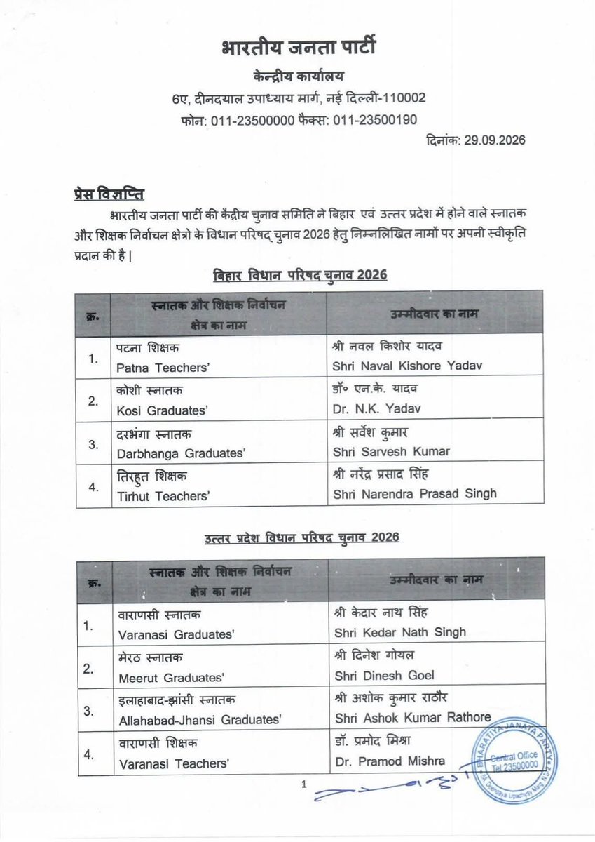 Bjpforawadh's tweet photo. भाजपा की केंद्रीय चुनाव समिति ने उत्तर प्रदेश एवं बिहार में होने वाले स्नातक और शिक्षक निर्वाचन क्षेत्रों के विधान परिषद चुनाव- 2026 हेतु निम्नलिखित नामों पर अपनी स्वीकृति प्रदान की है। https://t.co/xU5y9IECSE