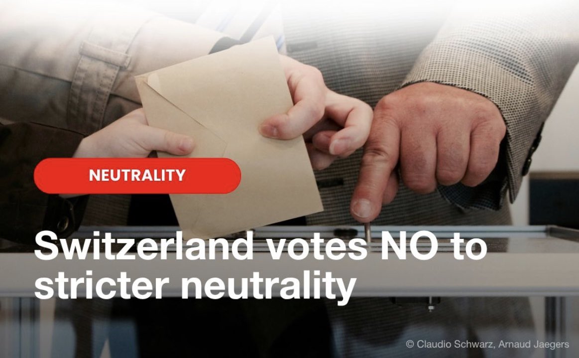 SwitzerlandNato's tweet photo. On Sep27 Switzerland voted NO to stricter #neutrality. In a referendum, around 70% of voters rejected it.
🔹🇨🇭 remains neutral and keeps flexibility to interpret it.
🔹Government can continue to impose EU sanctions on Russia and cooperate with @NATO.
#WeArePartners #30yPfP https://t.co/Nk5QAUjY8S