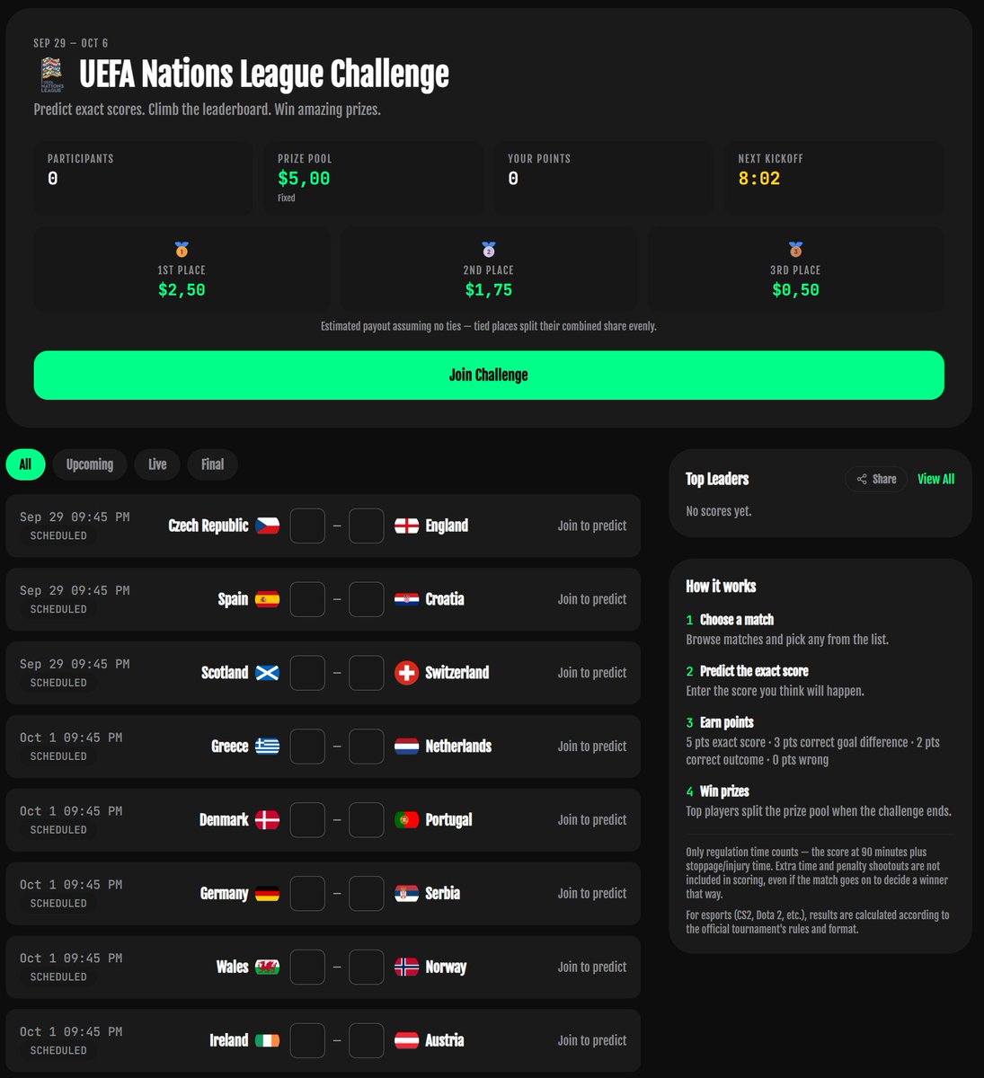 exactpredictxyz's tweet photo. 🇪🇺UEFA Nations League Challenge ⚽️

Predict exact scores from Sep 29 - Oct 6 and climb the leaderboard! 

👉Entry: FREE ($0.00) 
💰Real USDC prizes — $5 prize pool 
✅ Easy sign-in with @privy 
⚽️Spain, Germany, Portugal, England &amp; more 

Join now: https://t.co/AJYRGEd63y https://t.co/z3Nql81Avi