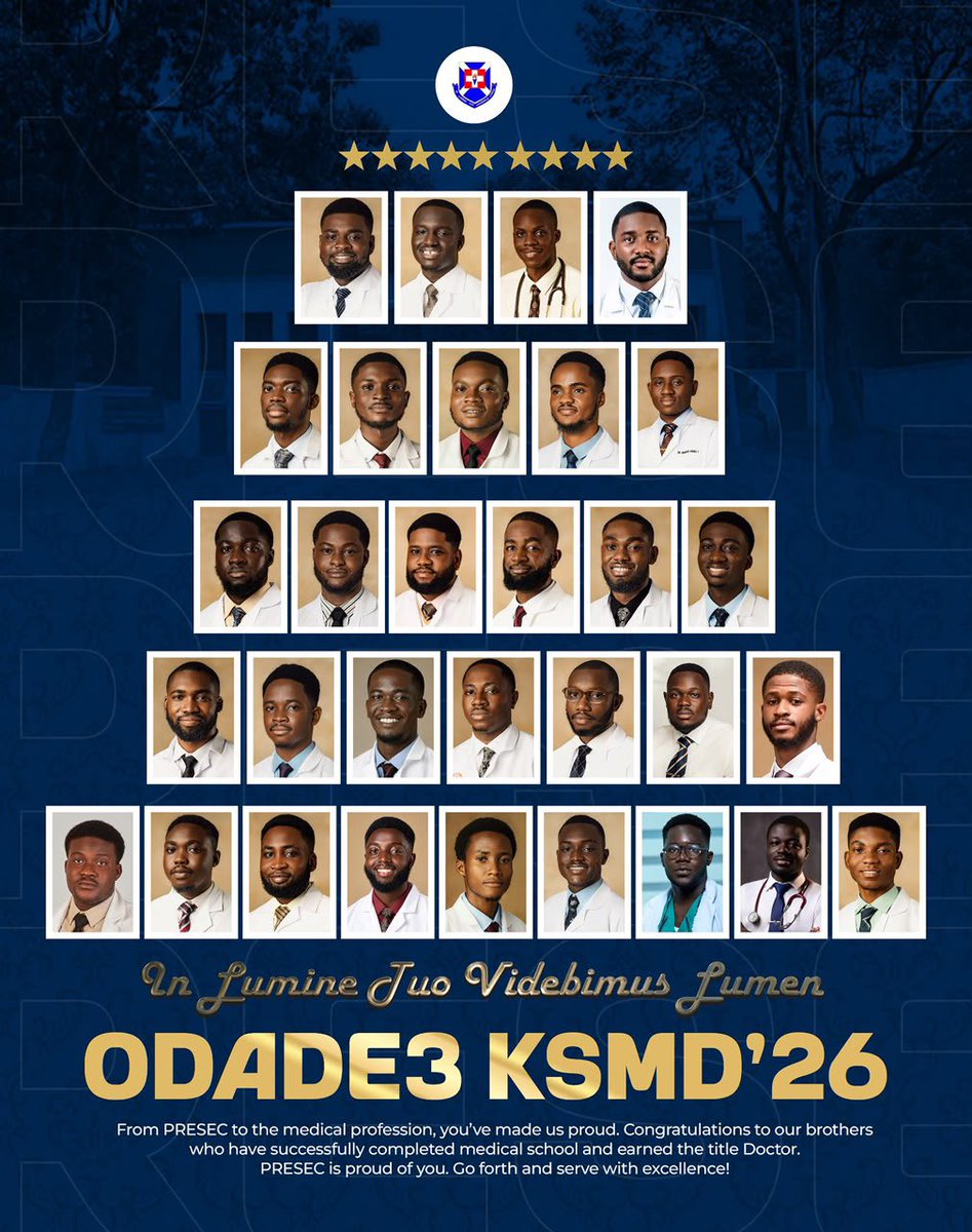 Thevokofficial's tweet photo. 📍📍CONGRATULATIONS📍📍

Congratulations to the Presbyterian Boys Secondary School, (Presec Legon) for producing 31 brilliant Medical Doctors (Dr. Med) at the end of KNUST’s 2025/2026 academic year. 🩺🥼 Blue Magicians 💙💙

Ɔdadeɛ Class of 2021—2026🏁🧠

Stay tuned✅ | #VOKLive https://t.co/EBDtcHHIyU