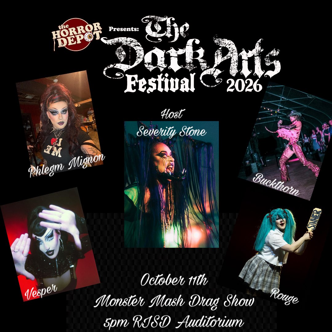 HorrorDepot1's tweet photo. Our next show for Horror Depot's Dark Arts Festival is the Monster Mash Drag Show...
This Monster Mash drag show starts at 5:00 p.m. in the Rhode Island School of Design auditorium.
https://t.co/jZIIhGnCTa
#dragqueen #drag #monstermash #dragula #dragking https://t.co/U3daZ9vflF