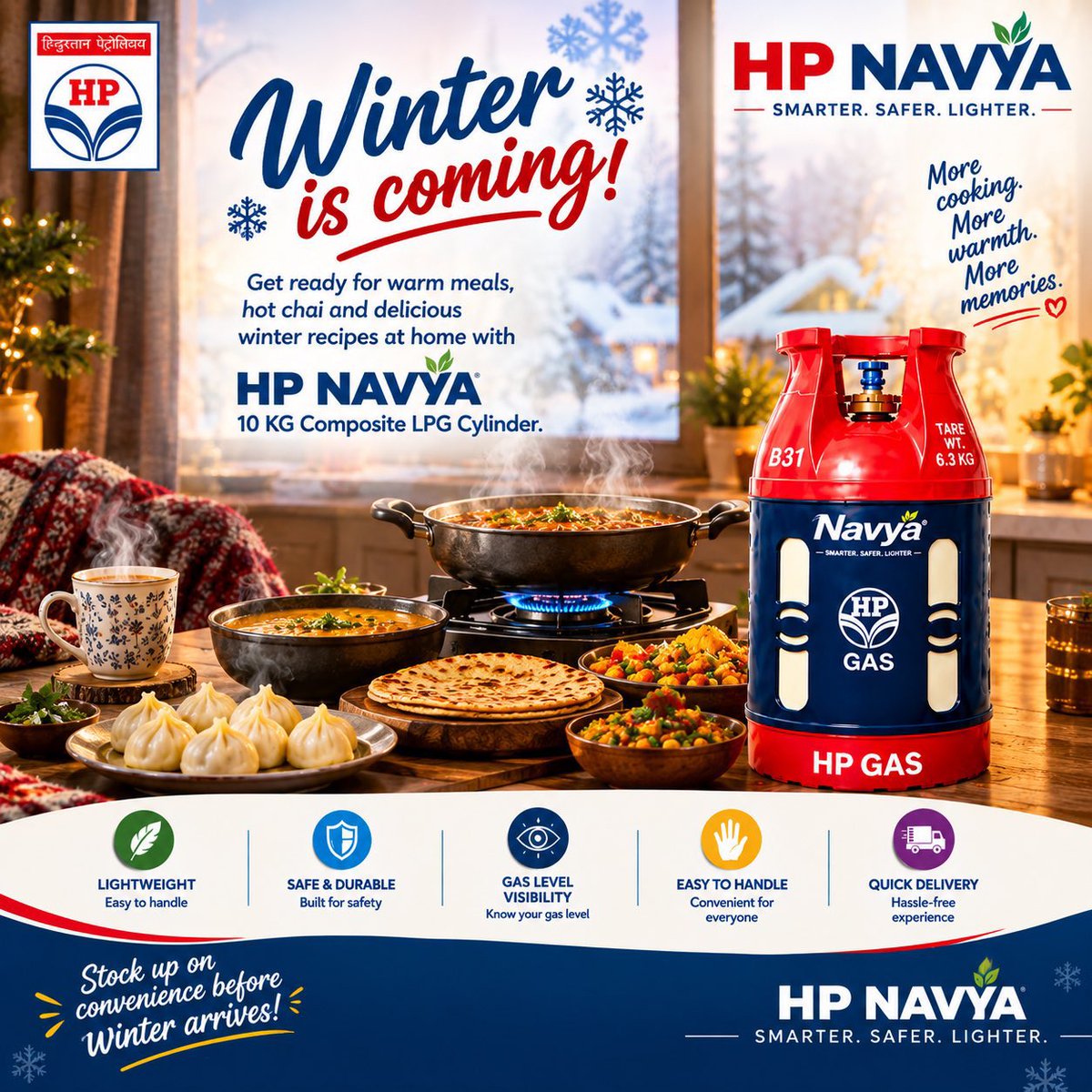 hpcllro's tweet photo. ❄️ Winter is coming! 🔥

Get ready for warm meals, hot chai and delicious winter recipes at home with HP NAVYA 10 KG Composite LPG Cylinder.

✨ Lightweight & easy to handle
🛡️ Safe & durable
👀 Gas level visibility
⚡ Convenient 90-minute delivery
#HPGas #HPNavya @HPGAS_HQO @LPGNCZLUCKNOW @ashish2311