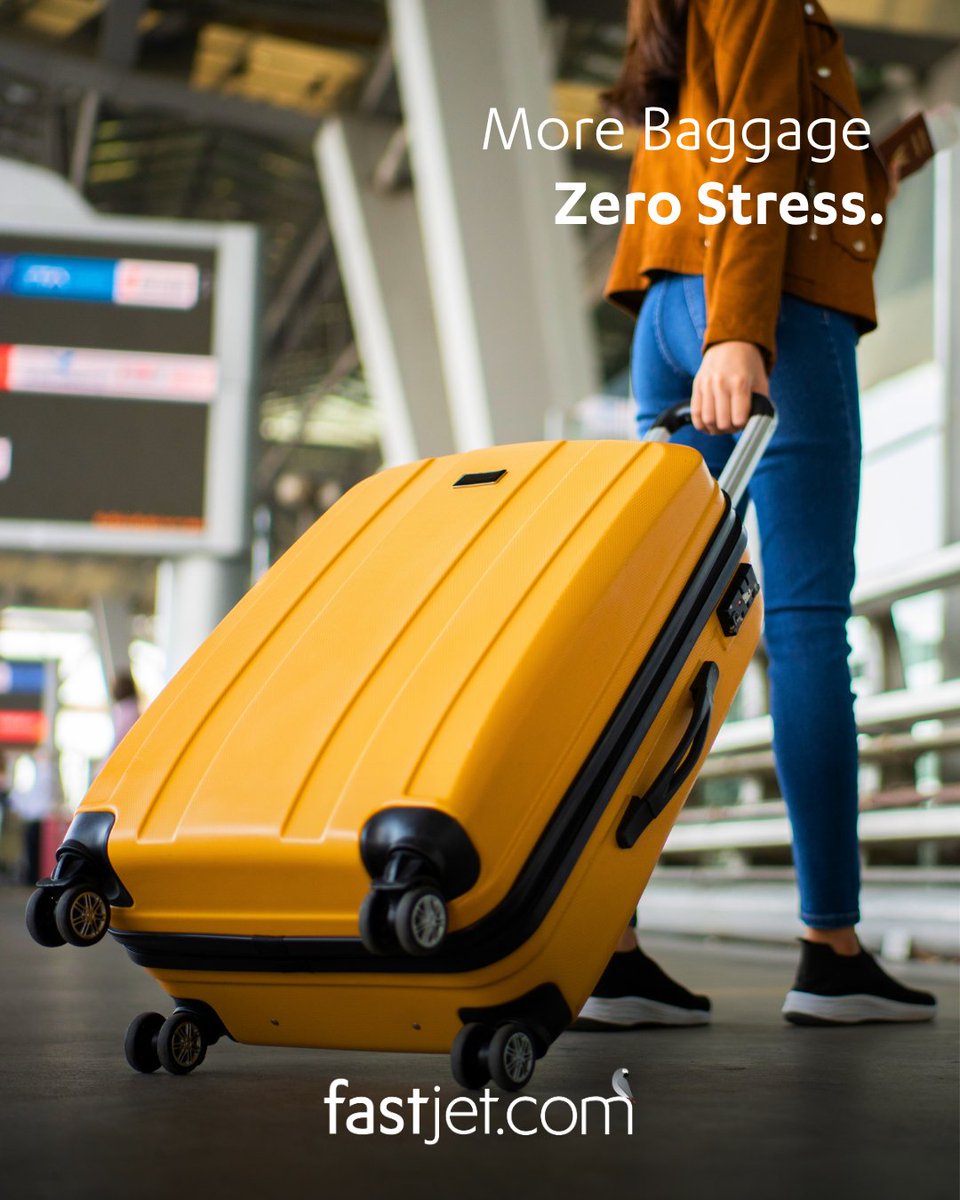 fastjet's tweet photo. Did you know? Your fastjet ValueFare already includes 23 kg checked baggage + 7 kg cabin baggage - no extras needed. 🧳

Flying ValuePlus or Premium? You get 2x 23kg checked bags.

Find out more → https://t.co/x3xZbXMBko

#fastjet #FlyAfrica #DidYouKnow https://t.co/yRYGlb0ZeK