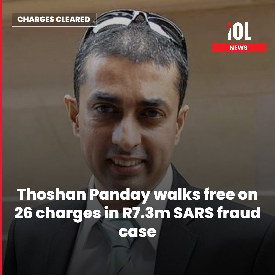 IOL's tweet photo. Durban businessman Thoshan Panday, accused of defrauding the SA Revenue Service of R7.3m, has been acquitted on 26 charges and given a suspended R5,000 fine for failing to register for VAT.
Read on https://t.co/Lwub5ct7si
#news #ChargesCleared #ThoshanPanday #FraudCase #CourtOutcome