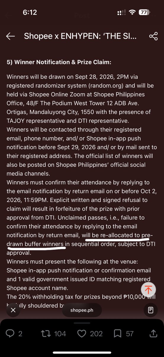 jhwdaze's tweet photo. meron na pala pre-drawn buffer winners para sa mga slots ng hindi magconfirm. deadline ng confirmation is oct 2 so baka oct 3 pa sila mag send ulit notif to winners ^^ 
kaya pa iclutch dont lose hopeee! 🥹 https://t.co/Dmk4uHbv4B