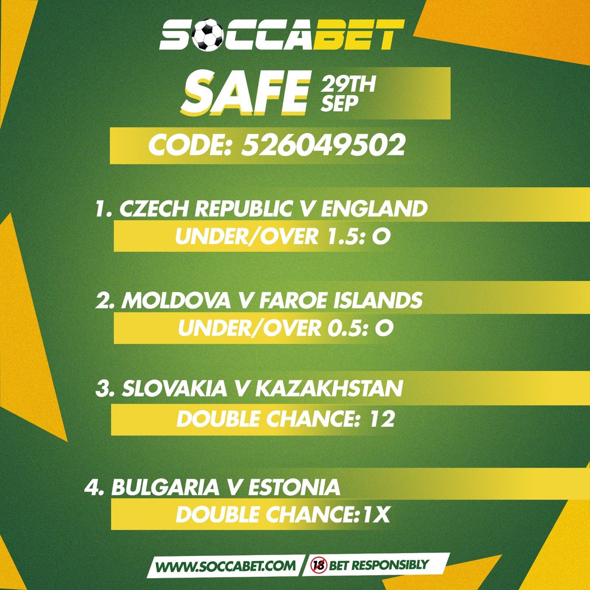 soccabet's tweet photo. Safe Favorites Thriller and Other Sports predictions are available now. Pick from these daily predictions and bet responsibly on the soccabet app. #betwithsoccabet #betresponsibly🔞 https://t.co/9IUNl3CLys
