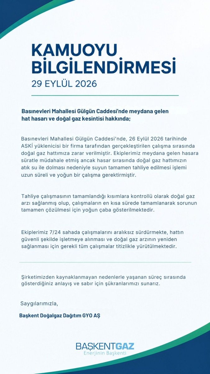 Baskentgazgyo's tweet photo. Basınevleri Mah. Gülgün Caddesinde meydana gelen hat hasarı ve doğal gaz kesintisi hakkında #kamuoyu bilgilendirmemiz. https://t.co/Pb36sGCUyZ