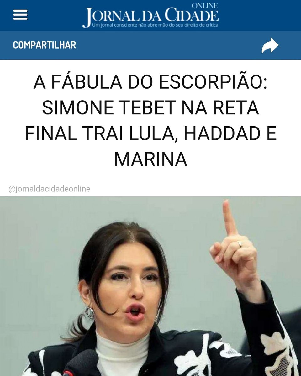 JornalDaCidadeO's tweet photo. A FÁBULA DO ESCORPIÃO: SIMONE TEBET NA RETA FINAL TRAI LULA, HADDAD E MARINA

Foi o que fez a candidata ao Senado por São Paulo, Simone Tebet.

Na reta final da campanha em São Paulo, ela acaba de autorizar a impressão de 1 milhão de panfletos sem os nomes de seus parceiros em sua aventura eleitoral e terras paulistas, Marina, Haddad e Lula.

Matéria do Jornal da Cidade Online