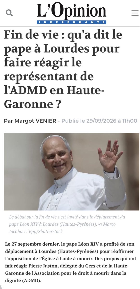 Juston_Pierre's tweet photo. 📰 Merci à @LopinionIndep de mettre en lumière ma réponse argumentée aux propos du pape sur les lois #findevie votées par la représentation nationale cette année.

Le pape est libre de s’exprimer, les militants pro choix de l’@ADMDFRANCE le sont aussi.

➡️ https://t.co/CY5ZV78KVT https://t.co/pCzpoVzWIF