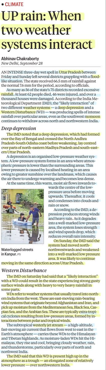 imRavikantYadav's tweet photo. UP rain: When 2 weather systems interact
:An informative article by Sh Abhinav Chakraborty
#DeepDepression #BayOfBengal
#WesternDisturbance #WesterlyJetStreams #ExtraTropicalCyclones
#UttarPradesh #Rainfall #Floods #Monsoon
#UPSC
Source: IE https://t.co/66dOxy6uGL