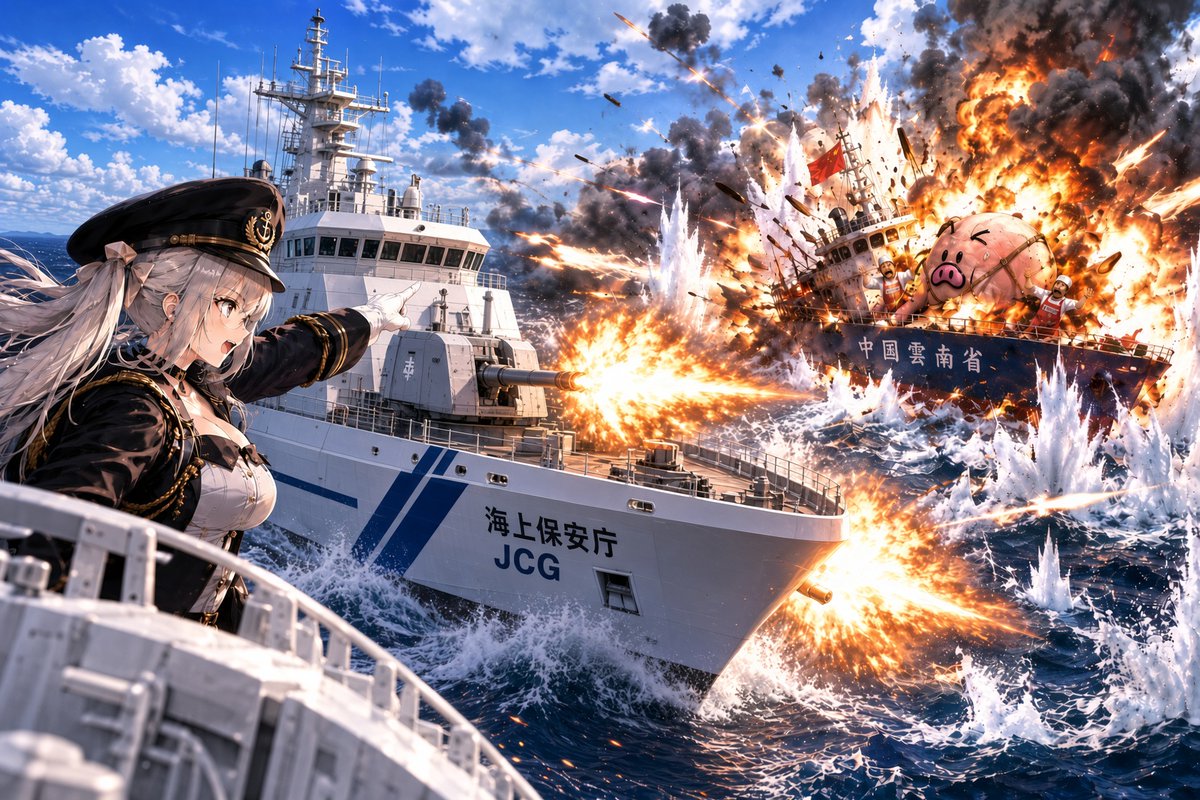iltd9t's tweet photo. 度重なる我が国への領海侵犯行為に対して、もう我慢の限界だ！？

主権侵害が甚だしい!!
対艦砲撃レーダーを感知した以上、攻撃の意思ありと判断した!!

挑発行為も、そこまでだーっ!!
一斉、撃て!!

「艦長!!右に寄りすぎですっ」

「遺憾砲にして、喰らえ、実弾だーっ」

 #これはフィクションです https://t.co/zK0WESddEA