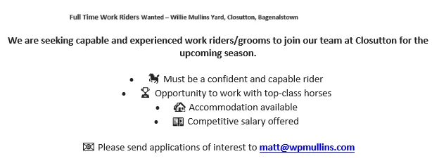 WillieMullinsNH's tweet photo. 🏇JOB OPPORTUNITY - FULL TIME WORK RIDERS WANTED🏇 https://t.co/mZ2SWai9ap