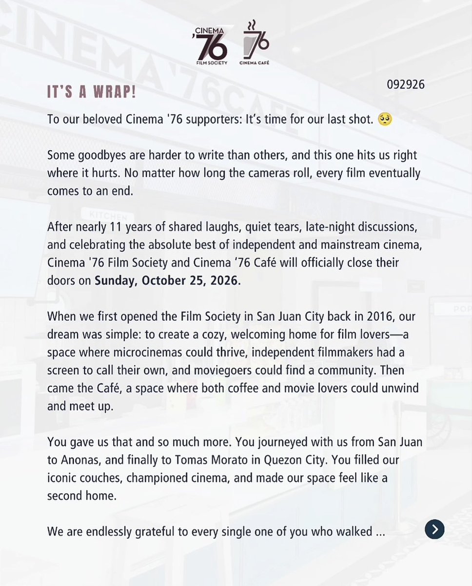 japtobias's tweet photo. Cinema ’76 Film Society and Cinema ’76 Café announced in a post that they will close on October 25, 2026, ending nearly 11 years of operations. 

It is inviting moviegoers to visit, watch films and spend time at the venue before its closure. @PhilstarNews @interaksyon https://t.co/d3AslmLuO5