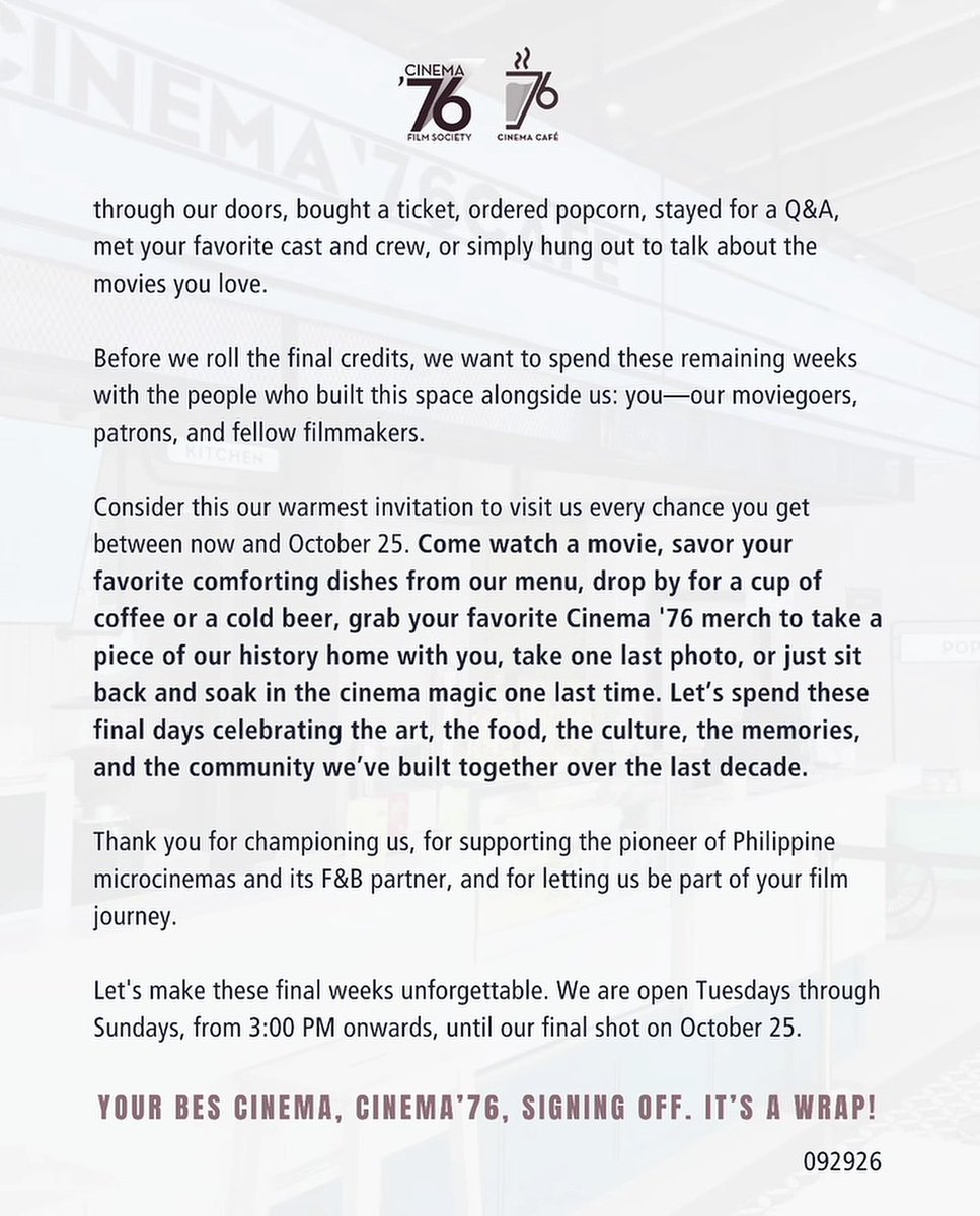 japtobias's tweet photo. Cinema ’76 Film Society and Cinema ’76 Café announced in a post that they will close on October 25, 2026, ending nearly 11 years of operations. 

It is inviting moviegoers to visit, watch films and spend time at the venue before its closure. @PhilstarNews @interaksyon https://t.co/d3AslmLuO5