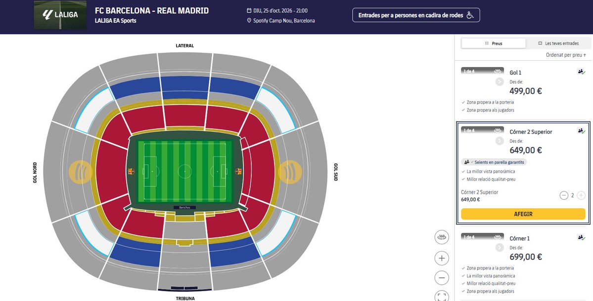 jllgarcia's tweet photo. Anem (de fet, ja hi som) cap a un model de consum cultural i de l'espectacle de grans esdeveniments amb preus únicament i exclusiva per a una elit. Entrades a 500 euros per veure els Oasis o per veure el Barça-Madrid (si ets soci). Que s'ho confitin. https://t.co/TGB7uyti7o