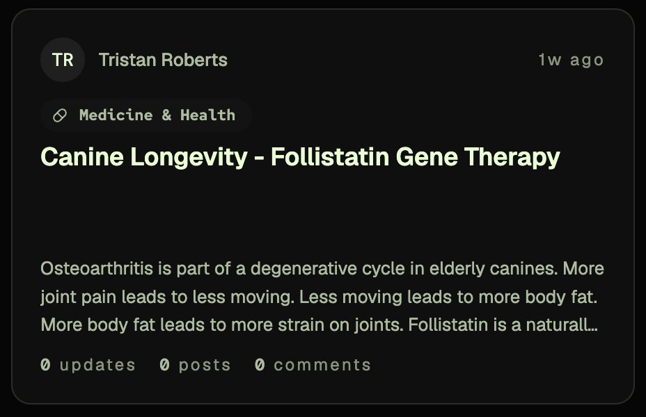 openlabsbio's tweet photo. New on OpenLabs: Dog Years DAO is exploring follistatin gene therapy for aging dogs 🐾

Joint pain can make dogs less active. Weight gain can then add more strain to their joints.

Tristan Roberts (@aitherick) and his team propose using plasmids, small pieces of DNA to help cells produce follistatin, a protein that regulates muscle growth.

Work in veterinary research or gene delivery? Explore the project and join the discussion ↓