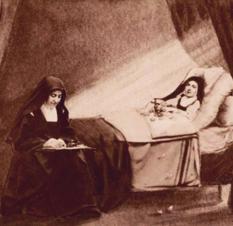 matcherassi's tweet photo. “All through the afternoon, she smiled at us; she listened attentively when I read her these passages of the Office of St. Michael, the archangel: "The archangel Michael came with a multitude of angels. 
It is to him that God has entrusted the care of the souls of His saints, in order to bring them to the joys of heaven.

He said: Archangel Michael, I have placed you as prince over all the souls that are to be received.'"

She made a sign to me with her hand extended towards me, then she placed it on her heart; this meant that I was in her heart.

September 29
From early morning, she appeared to be in her agony; she had a very heavy rattle in her throat and was unable to breathe.

The community was summoned and gathered round her bed to recite the prayers of the dying from the manual. At the end of an hour, Mother Prioress dismissed the sisters.

At noon, she said to Mother Prioress:
"Mother, is this the agony? . . . What must I do to die?
Never will I know how to die!"

I read again several passages from the Office of St. Michael and the prayers for the dying. 

When I came to the part concerning the demons, she made a childlike gesture as though threatening them, and she exclaimed with a smile:
"Oh! Oh!" (This was said in a tone which meant: I don't
fear them.)”

(Saint Therese of Lisieux. Her last conversations. The Yellow Notebook. Sept 28. Sept 29)