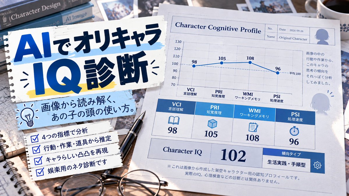 gattenkoubou's tweet photo. TLに流れてきたIQテストの広告を見て、AIを使った「オリキャラIQ診断」プロンプトを作ってみました。
使い方は、プロンプトにキャラ画像を5枚くらい添付して投げるだけ。

同じ立ち絵ばかりより、料理・読書・運動・仕事・趣味など、いろんなシチュエーションを混ぜた方が、それっぽい結果になります。

形式は、代表的な知能検査のWAISを模した4項目方式。
「言語理解・知覚推理・ワーキングメモリ・処理速度」から、キャラクターIQを出します。

もちろん本物のIQ診断ではなく、画像から「このキャラ、こういう頭の使い方しそう」をでっちあげるネタ診断です。
オリキャラに「頭の使い方」まで詳細設定を付けたい人向けかもしれません。
グラフまで出させると、結構それっぽくなります。

このプロンプト、ChatGPT・Claude・Gemini・Grokで試したところ、どれもちゃんと「それっぽい」結果になりました。
※モデルや環境によってはグラフが表示されない場合があります。その場合は「グラフを出して」と追加で指示してください。

プロンプトはリプへ。