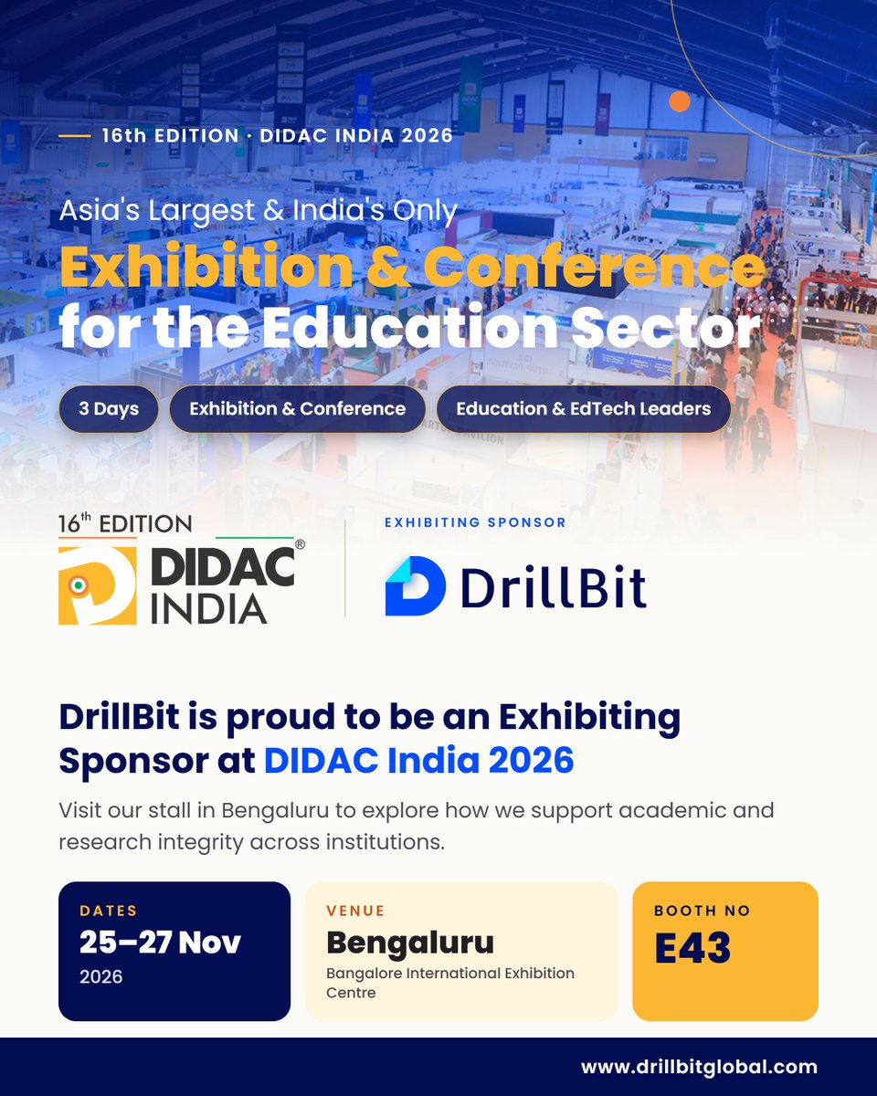 Drillbitglobal's tweet photo. Originality matters. We're taking that message to DIDAC India 2026! 🎓 DrillBit is proud to be an exhibiting sponsor at Asia's largest exhibition and conference for the education sector.

📅 25-27 November 2026
📍 Bangalore International Exhibition Centre, Bengaluru, India https://t.co/GuOWOoPJT0