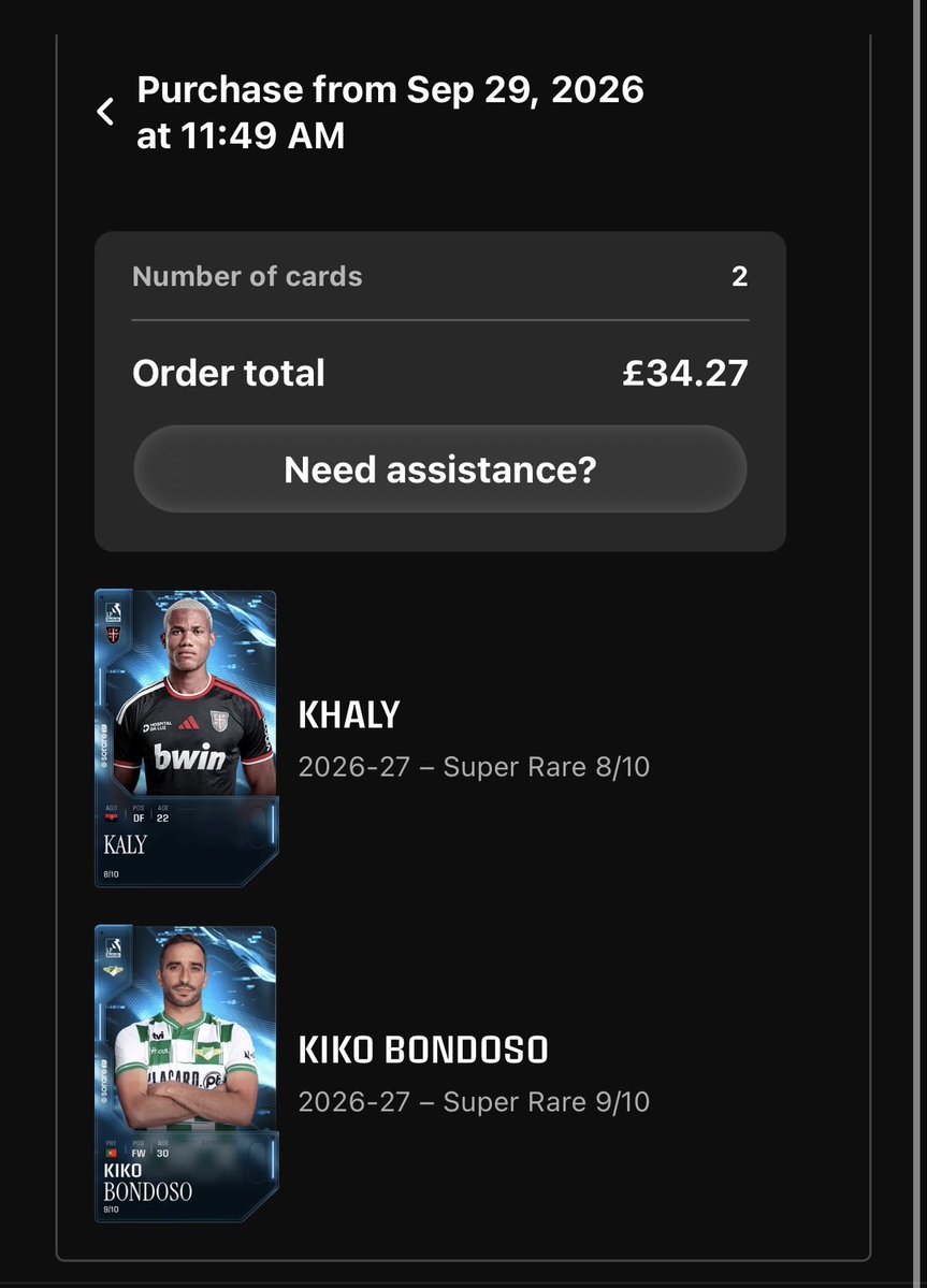 playeranalyst1's tweet photo. @Sorare @ni2las @Sorare  I just bought these two cards with the filter on, in the Instant Buy section and got no essence in return? https://t.co/dnyPLMLv2p