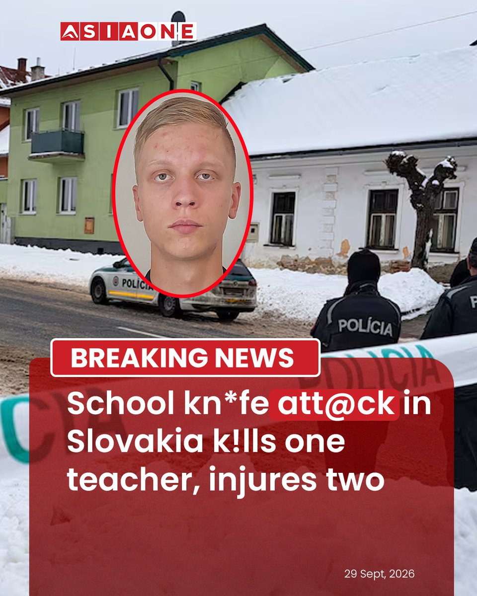 AsiaOne_News's tweet photo. One teacher was killed and another teacher and a pupil were injured in a knife attack at a school in Staškov, Slovakia. Police detained a teenage pupil following the incident and said the situation is under control.
#AsiaOne #EnglishNews #AsiaOneNews #Slovakia #Staskov #SchoolAttack #KnifeAttack #Police #Teacher #Students