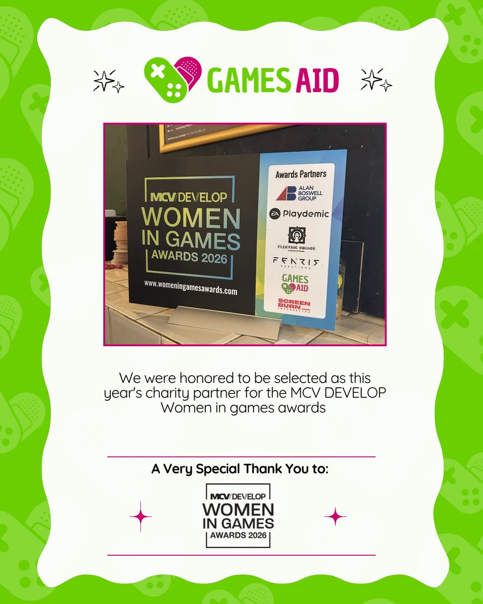GamesAid's tweet photo. Honoured to be the charity partner for this year’s @MCVawards Women in Games Awards! 💜

Huge thanks to Sara, Gina, Amelia &amp; Catherine for representing GamesAid, and to MCV/DEVELOP for having us and continuing to support us! 🎮✨

#GamesAid #WomenInGames #MCVDevelop https://t.co/sSkbRz1TsS
