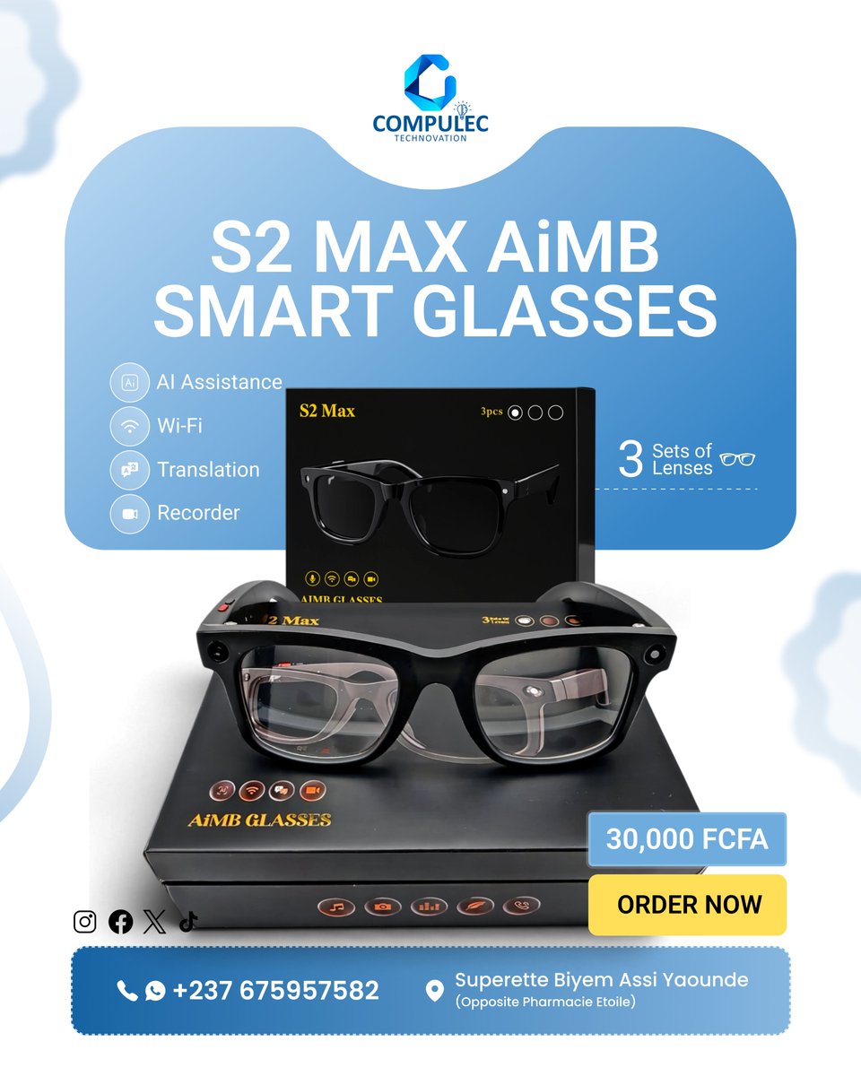 CompulecTech's tweet photo. 😎 S2 Max AI Smart Glasses — Smart looks, smarter features! 🔥
Your perfect blend of style, technology &amp; convenience. 🕶️✨

📩 DM to order now!
#Cameroon #TechSolutions https://t.co/CXws05mzxP