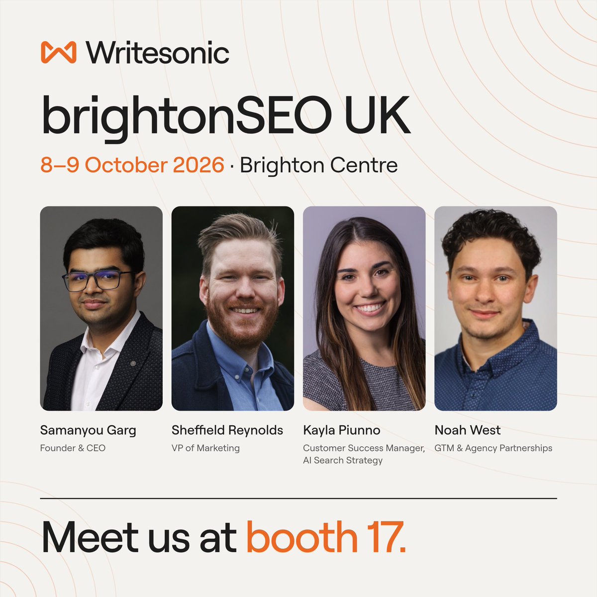 WriteSonic's tweet photo. @brightonseo UK, we are coming 👋

The Writesonic team will be in Brighton on 8–9 October.

If you want to talk AI search, brand visibility, GEO, or just see what we’ve been building, come find us at booth 17.

See you there 🇬🇧

#brightonSEO #AISearch #GEO https://t.co/7bUK3Xb0uK