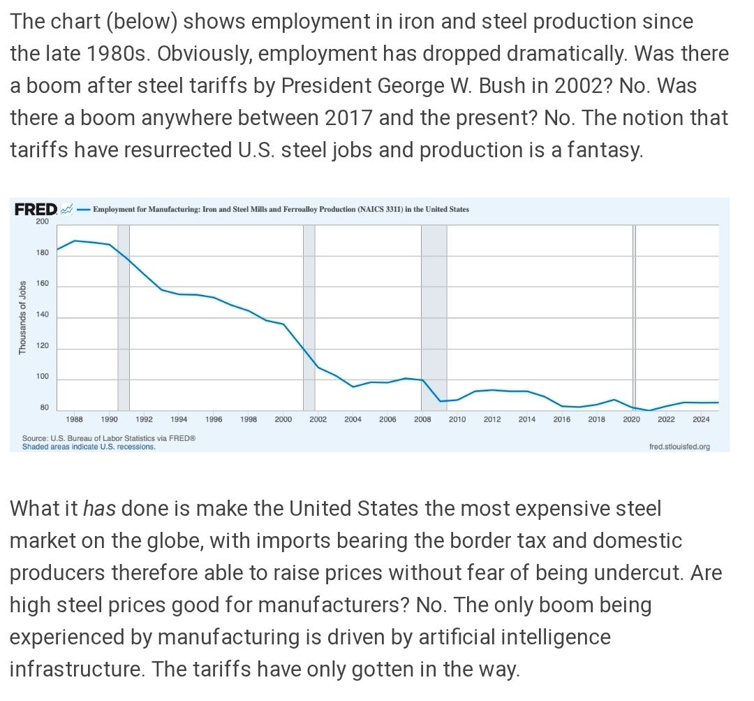 scottlincicome's tweet photo. "It is time to stop treating the outcome of tariff policy as a hypothetical. The experiment was run in 2001 and failed. It was re-run on a grand scale since 2017 and failed. It is not good economic policy. And in a month it will prove to be poor politics as well" 🔥  https://t.co/gOtw3vlCdK