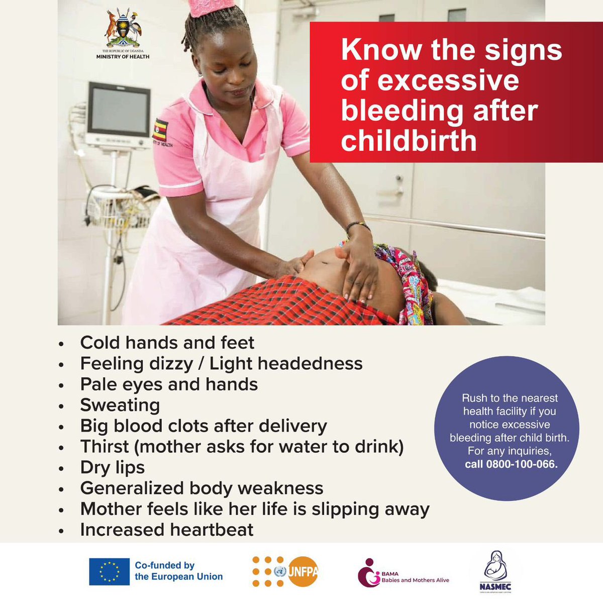 CKainerugaba's tweet photo. Know the signs. Act early. Save a life.
Excessive bleeding after childbirth is a medical emergency.
If you notice the warning signs, seek care immediately.
#PreventPPH #SafeMotherhood #PPHAwareness #MaternalHealth https://t.co/KnC4fupOqP