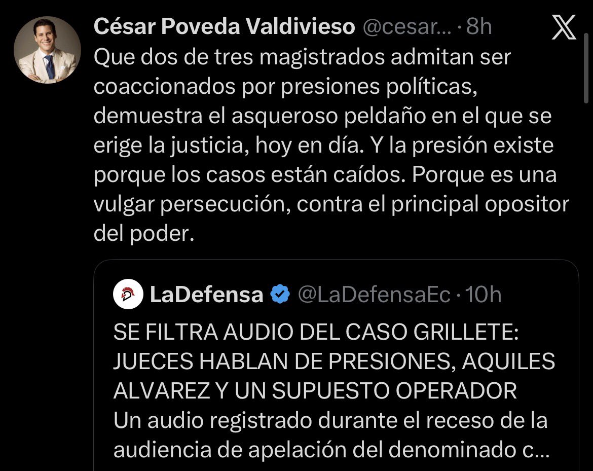 ecuainm_oficial's tweet photo. ‼️#URGENTE
César Poveda, miembro de la defensa del alcalde de Guayaquil, se pronunció sobre los presuntos audios difundidos del caso Grillete y sostuvo que estos evidenciarían presiones políticas sobre magistrados. Afirmó que dos de tres jueces habrían admitido ser coaccionados y calificó el proceso contra Aquiles Alvarez como una “persecución”
DG